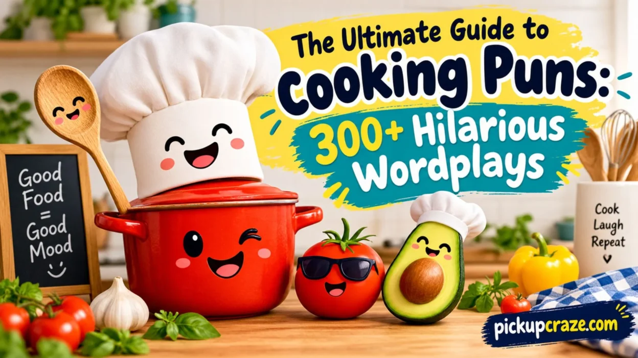 Fun cooking puns graphic with a smiling chef pot, tomato, avocado, and 300+ hilarious wordplays