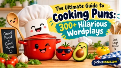 Fun cooking puns graphic with a smiling chef pot, tomato, avocado, and 300+ hilarious wordplays
