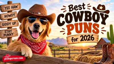 Best cowboy puns for 2026 with a cowboy dog, western ranch scene, boots, lasso, and cowboy signs