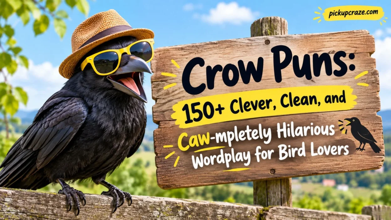 Funny crow puns with a playful black crow and wooden sign for bird lovers