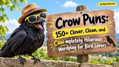 Funny crow puns with a playful black crow and wooden sign for bird lovers