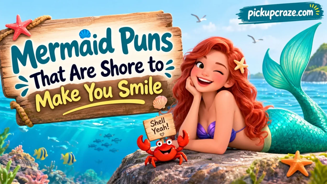 Mermaid puns graphic with a smiling mermaid, playful crab, and colorful ocean scene