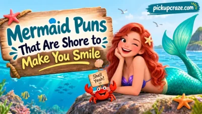 Mermaid puns graphic with a smiling mermaid, playful crab, and colorful ocean scene