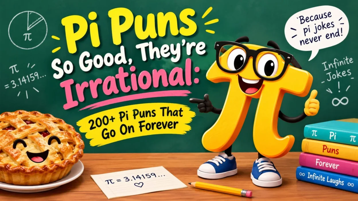 Colorful pi puns graphic with a smiling pi mascot, pie, and 200+ funny math jokes