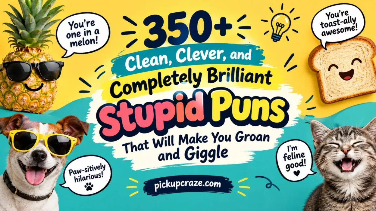 350+ clean and clever stupid puns with funny pineapple, bread, dog, and cat characters