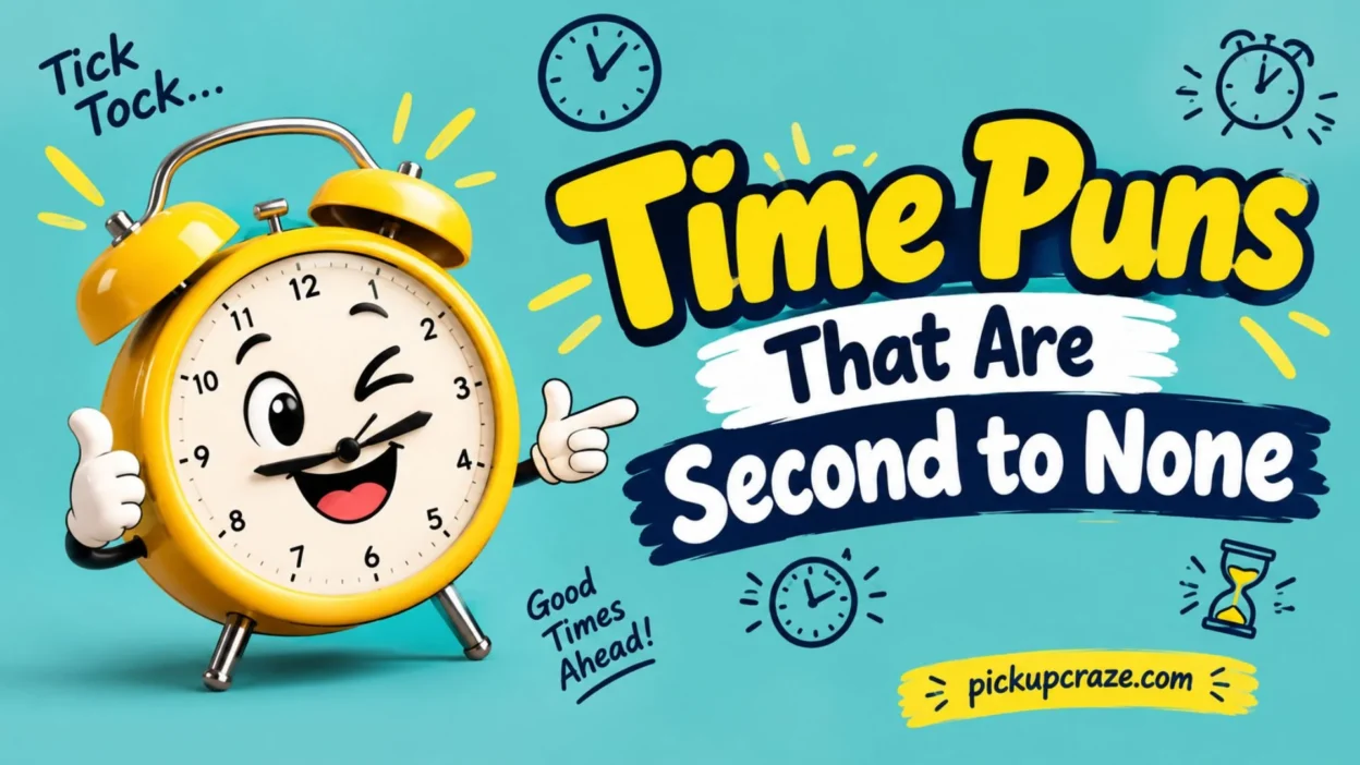 Fun time puns graphic with a smiling yellow clock and playful “Time Puns” lettering