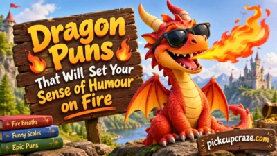 Funny dragon puns banner featuring a red dragon breathing fire, with a humorous headline and fantasy castle background.