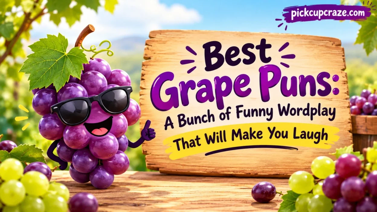 A cheerful cartoon grape wearing sunglasses beside a wooden sign featuring the best grape puns and funny wordplay.