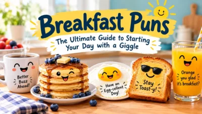 Cheerful breakfast puns with pancakes, coffee, egg, toast, and orange juice on a bright morning table