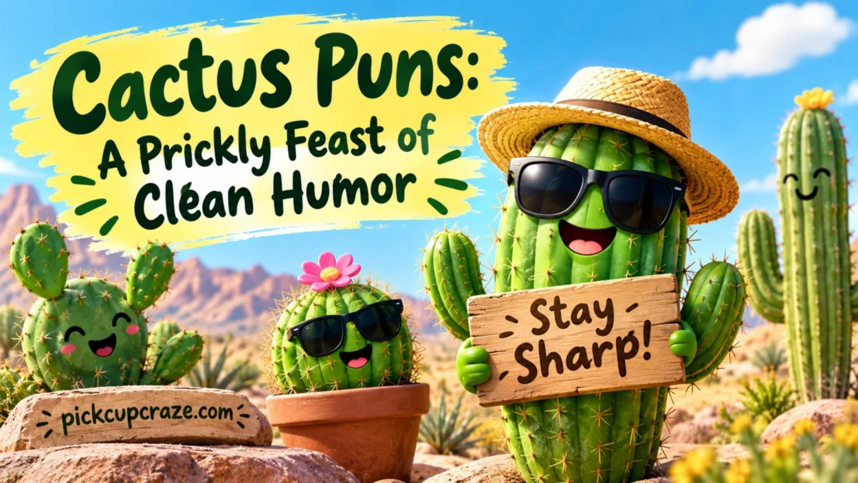 Funny cactus puns banner with smiling cacti, sunglasses, desert scenery, and clean humour.