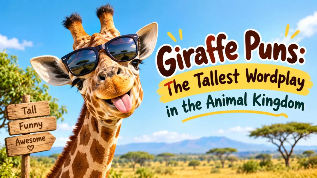 A giraffe puns banner with a funny giraffe wearing sunglasses in a sunny savanna