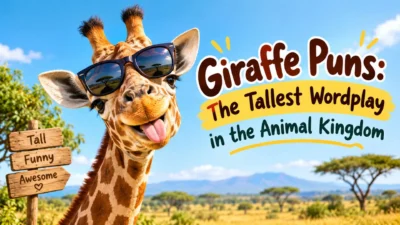A giraffe puns banner with a funny giraffe wearing sunglasses in a sunny savanna