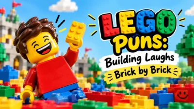 LEGO puns banner with laughing minifigures, colorful building bricks, and playful brick-by-brick humor