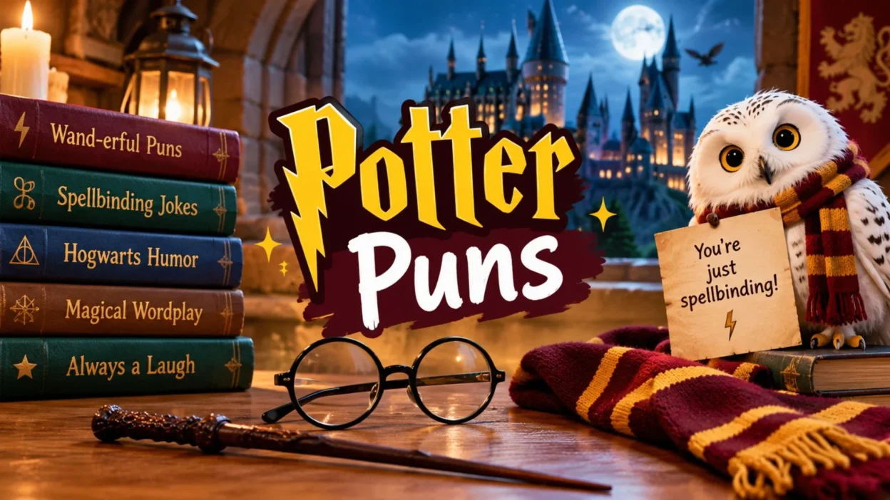 Potter puns banner with magical books, wand, glasses, scarf, owl, and a moonlit castle