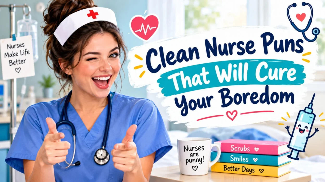 Clean nurse puns banner featuring a smiling nurse in blue scrubs, medical doodles, and funny healthcare-themed decorations.