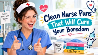 Clean nurse puns banner featuring a smiling nurse in blue scrubs, medical doodles, and funny healthcare-themed decorations.
