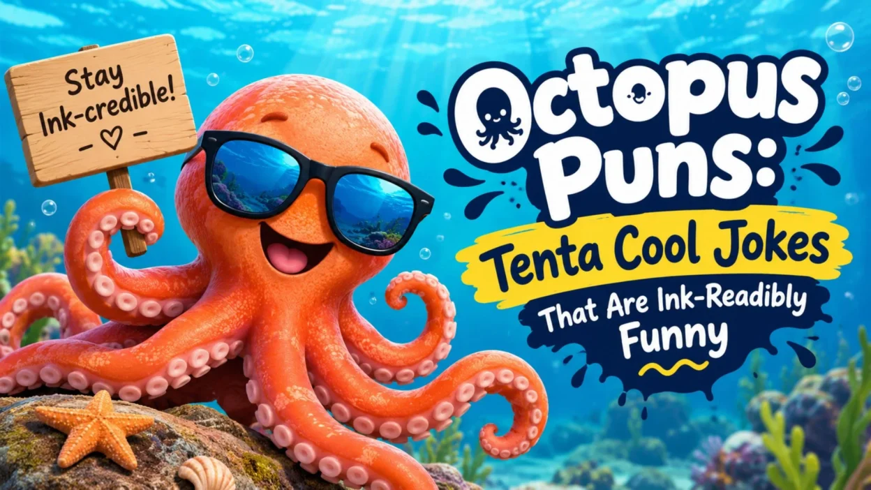 Funny octopus puns banner with a smiling orange octopus wearing sunglasses and playful underwater joke lettering.