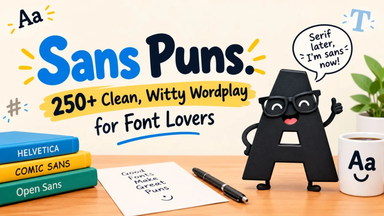 Sans puns featuring 250+ clean, witty wordplay jokes for font lovers with a smiling letter A, font books, and coffee mugs.