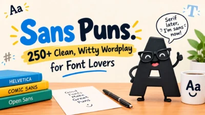 Sans puns featuring 250+ clean, witty wordplay jokes for font lovers with a smiling letter A, font books, and coffee mugs.