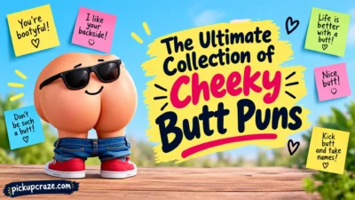 Cheeky butt puns banner with a playful cartoon character, colorful notes, and humorous wordplay