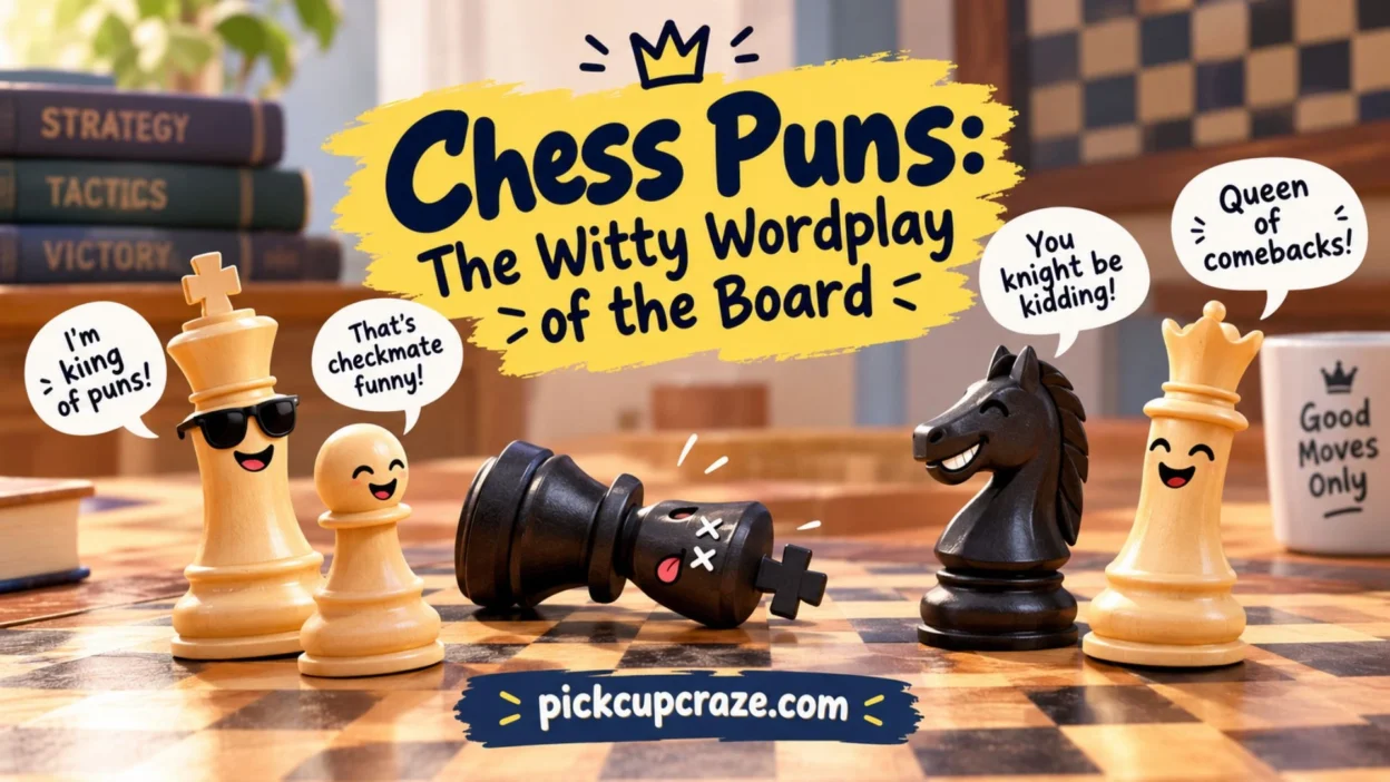 Chess puns banner with funny chess pieces, witty speech bubbles, and playful board-themed humor