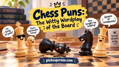 Chess puns banner with funny chess pieces, witty speech bubbles, and playful board-themed humor