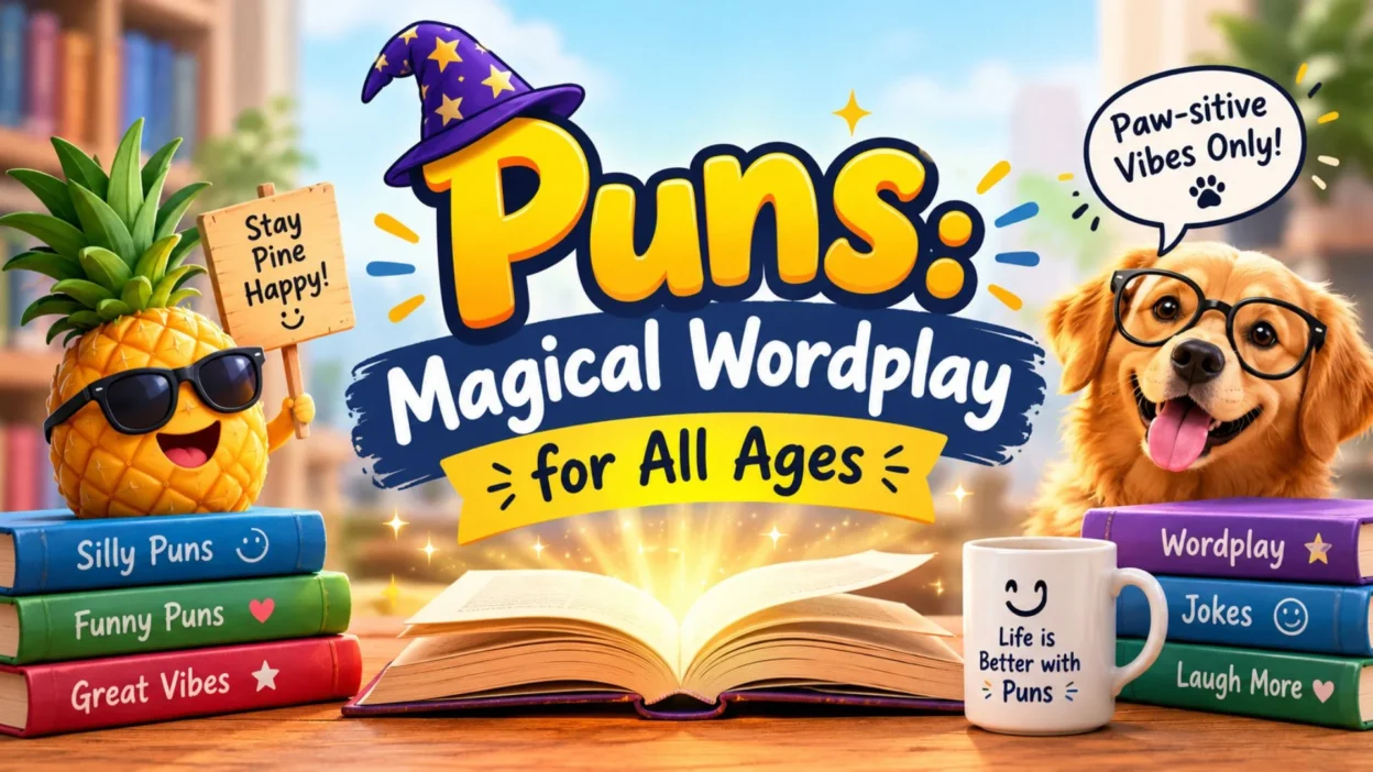 Puns: Magical Wordplay for All Ages banner with a glowing book, wizard hat, funny pineapple, and smiling dog