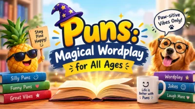 Puns: Magical Wordplay for All Ages banner with a glowing book, wizard hat, funny pineapple, and smiling dog