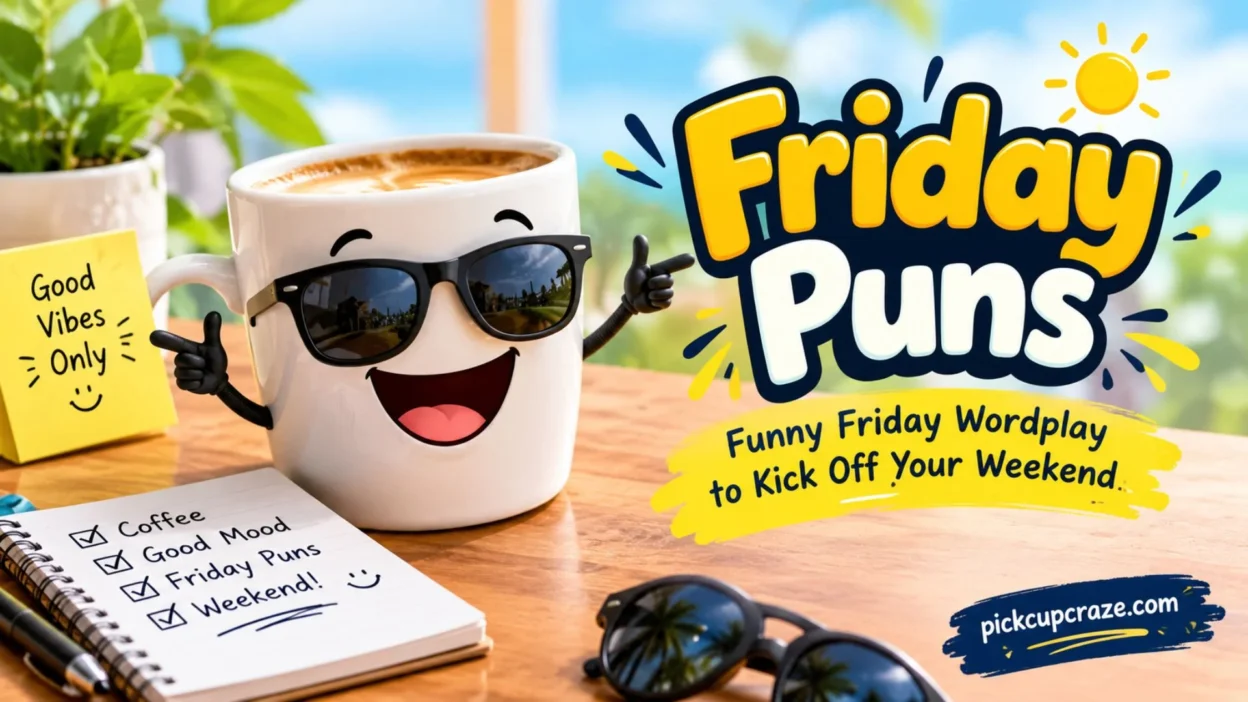 Funny Friday puns with a cheerful coffee mug, sunglasses, and weekend-themed wordplay on a sunny desk