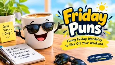 Funny Friday puns with a cheerful coffee mug, sunglasses, and weekend-themed wordplay on a sunny desk