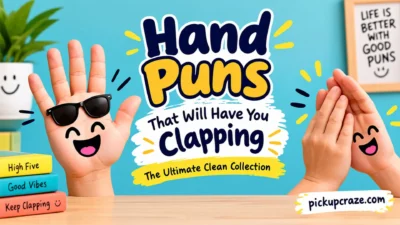 Funny hand puns banner with smiling hands, clapping hands, and playful typography