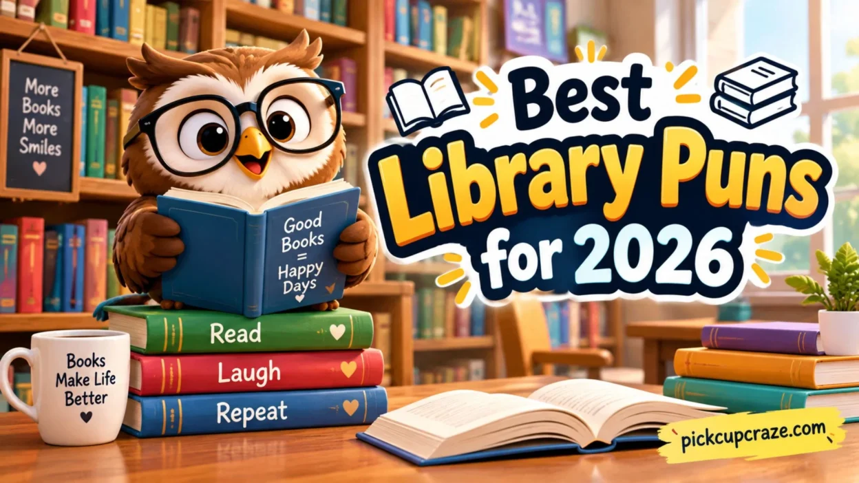 Best library puns for 2026 with a cheerful owl reading among colourful books
