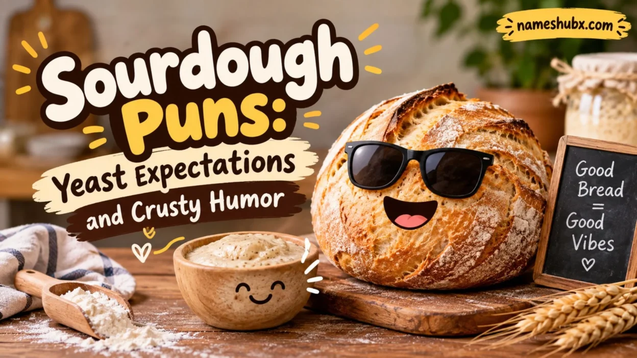 Sourdough puns with a smiling bread loaf, bakery setting, and playful yeast humor