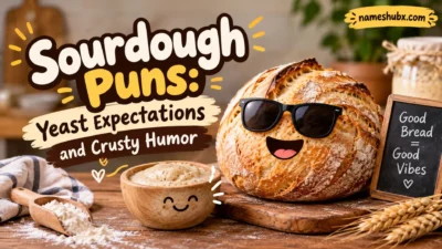 Sourdough puns with a smiling bread loaf, bakery setting, and playful yeast humor