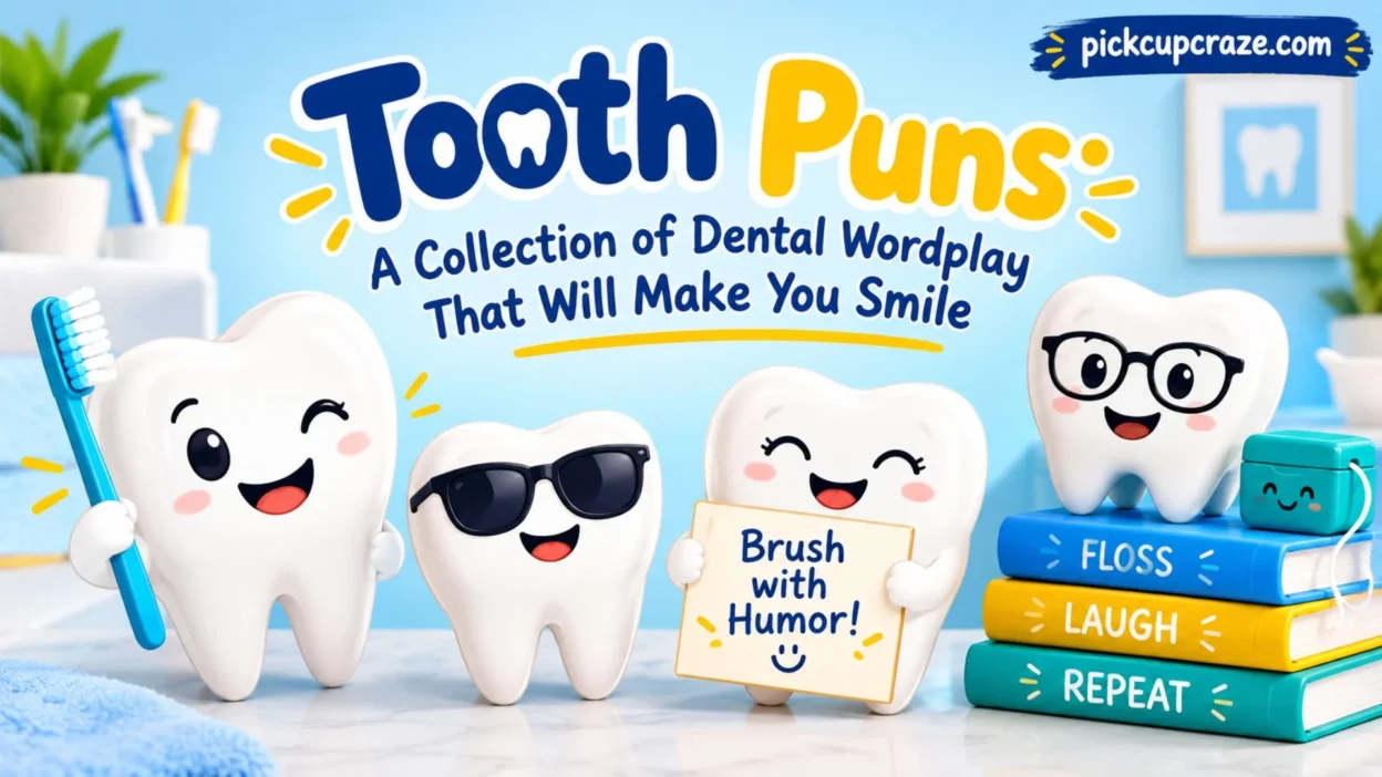 Smiling cartoon teeth with a toothbrush, dental floss, and funny signs celebrating tooth puns and dental wordplay.