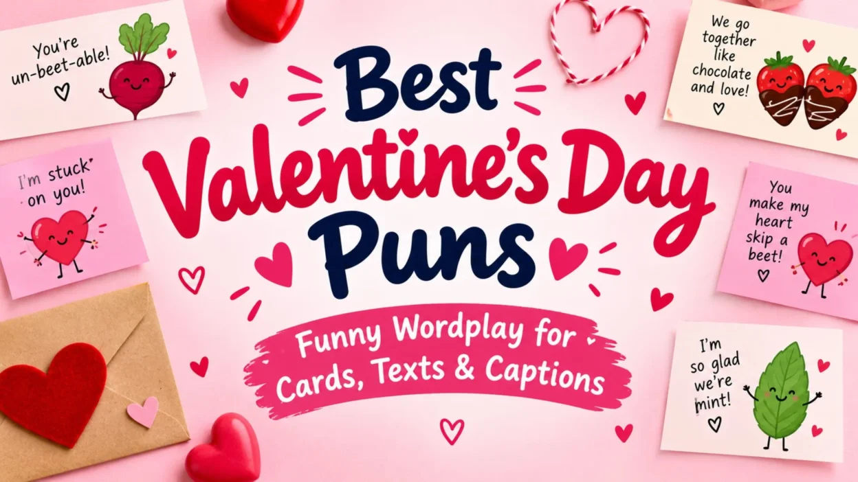 Best Valentine's Day puns with cute heart illustrations and funny wordplay for cards, texts, and captions.